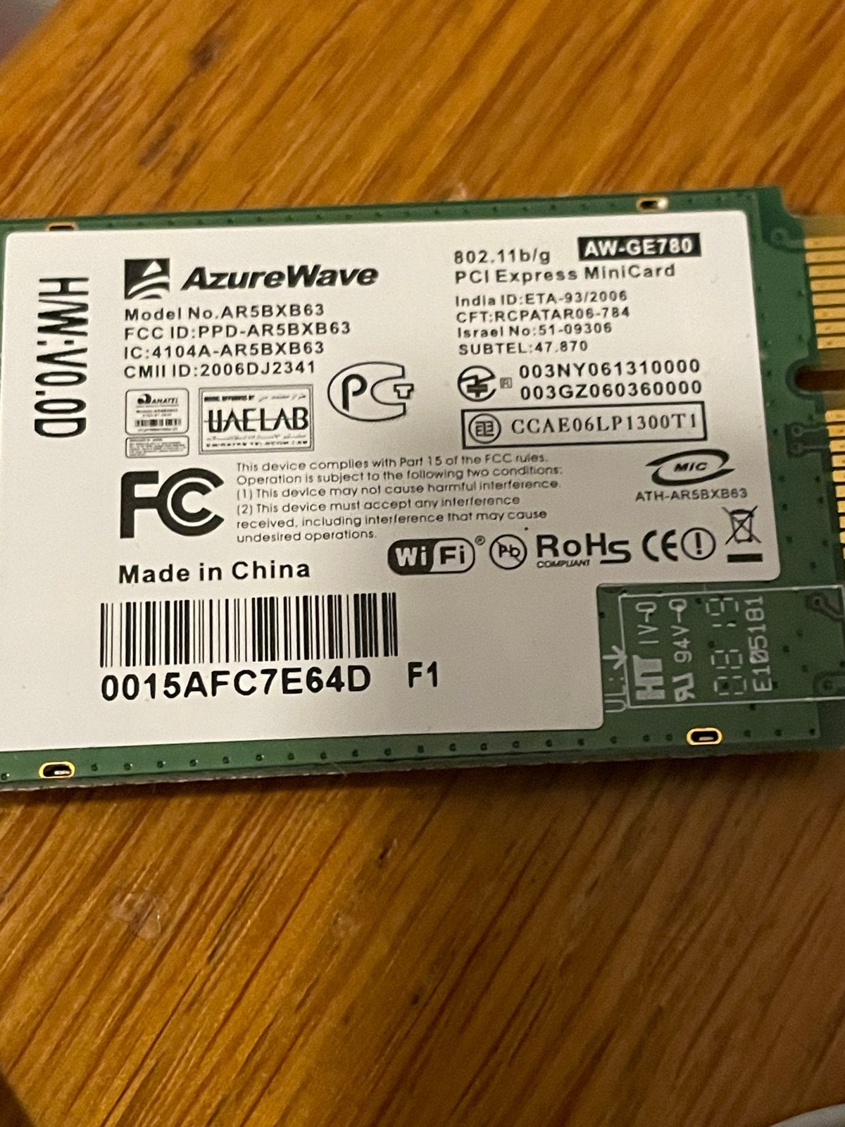 AzureWave AW-GE780 Mini PCI-E WiFi Kaart 802.11b/g, Computers en Software, Ophalen of Verzenden, Gebruikt, Intern