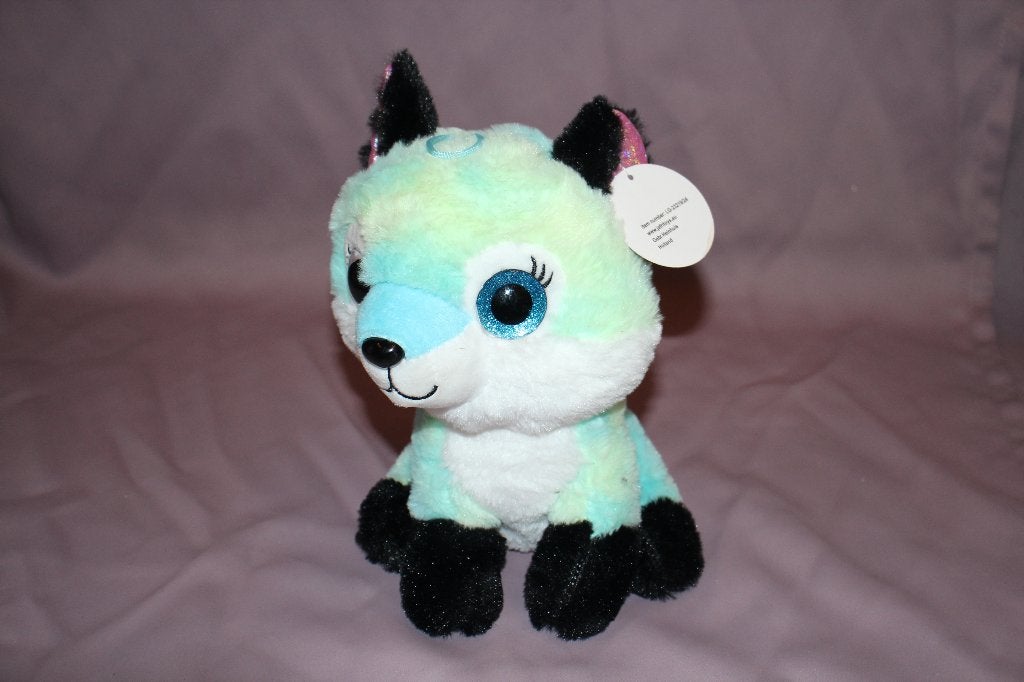Nieuw Blauw wit zwart vos / hond met grote glitter ogen 23cm, Overige karakters, Blauw, Nieuw, Met label