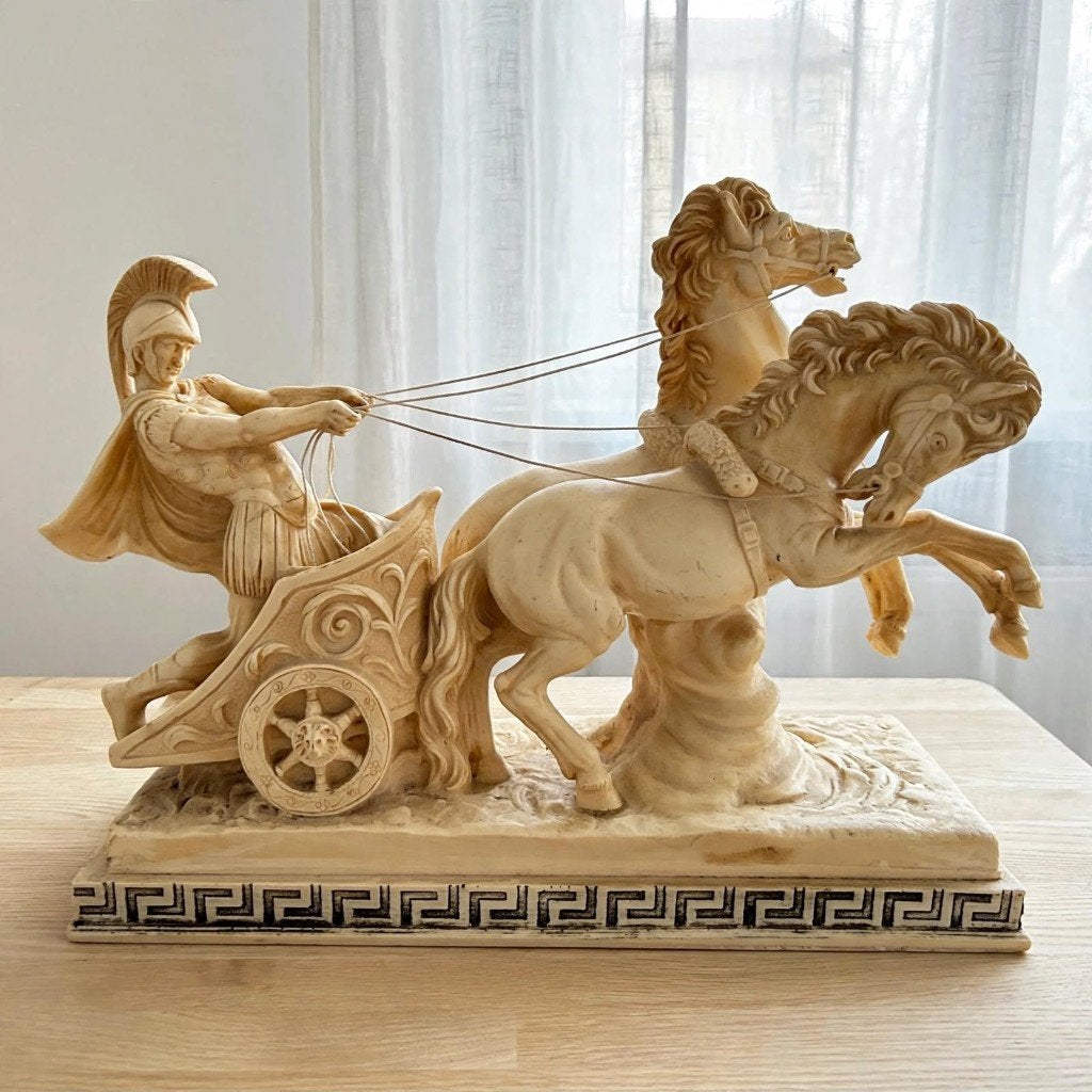 Vintage A. Santini Romeinse Strijdwagen met 2 Paarden, Ophalen of Verzenden, 20 - 50 cm, Scène, Beeld