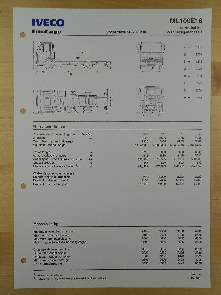 Iveco EuroCargo ML100 Technische Specificatie Brochure 1991, Iveco, Ophalen of Verzenden, Zo goed als nieuw, Overige merken