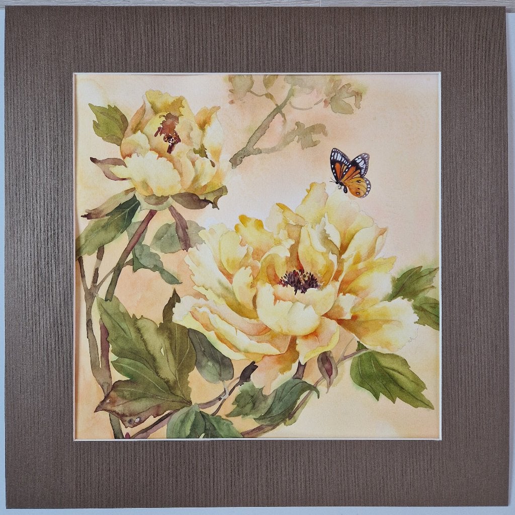 Handgeschilderde aquarel – pioenrozen en vlinders – 40x40 cm, Antiek en Kunst, Ophalen, Aquarel, Passe-partout, Papier/karton
