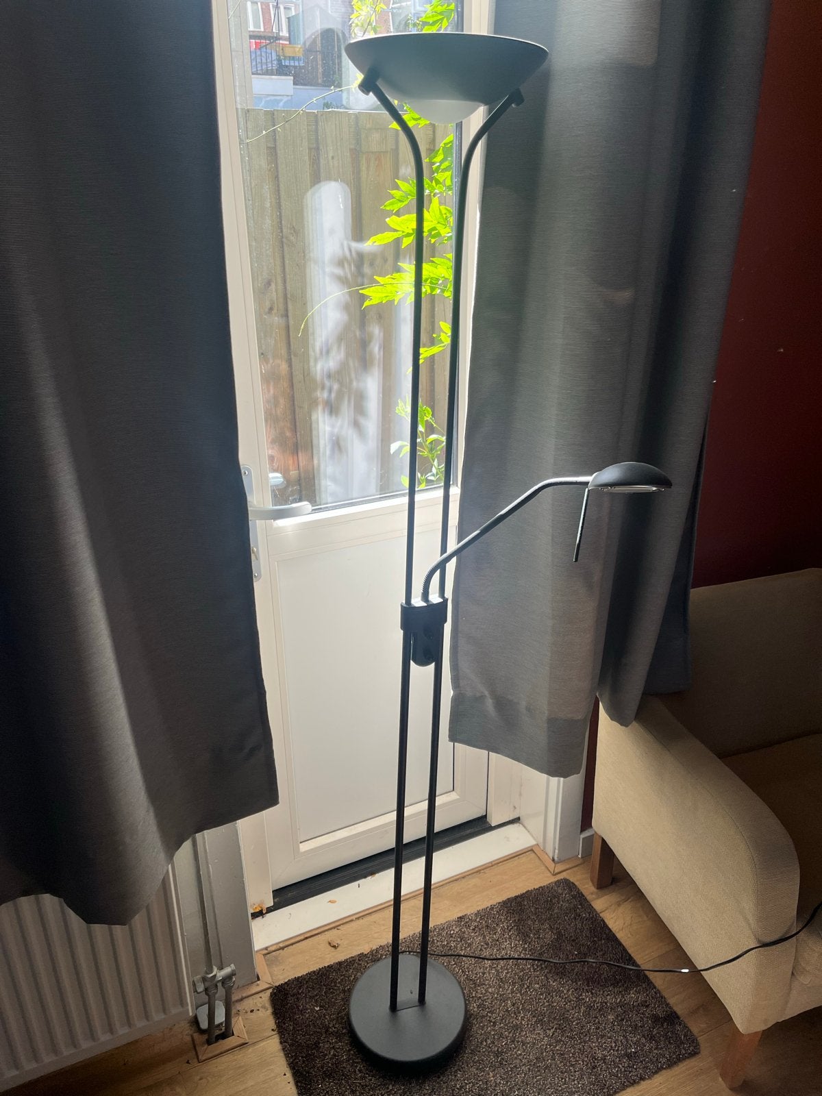 Zo goed als nieuwe vloerlamp met leeslamp en dimmer, Ophalen, Zo goed als nieuw, Metaal, 150 tot 200 cm
