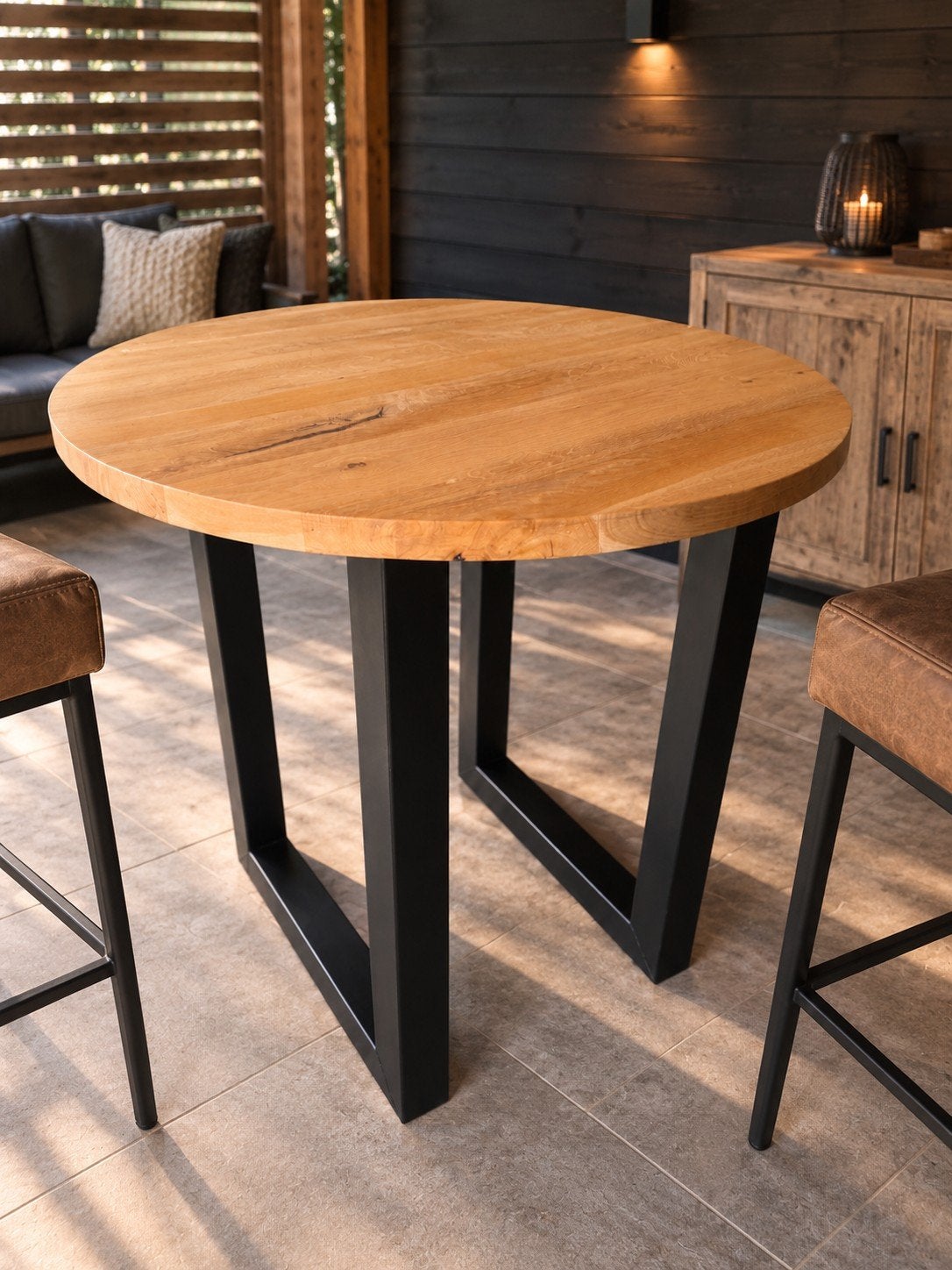 Ronde bartafel Massief Eikenhout met Zwart Metalen Poten, Ophalen, Zo goed als nieuw