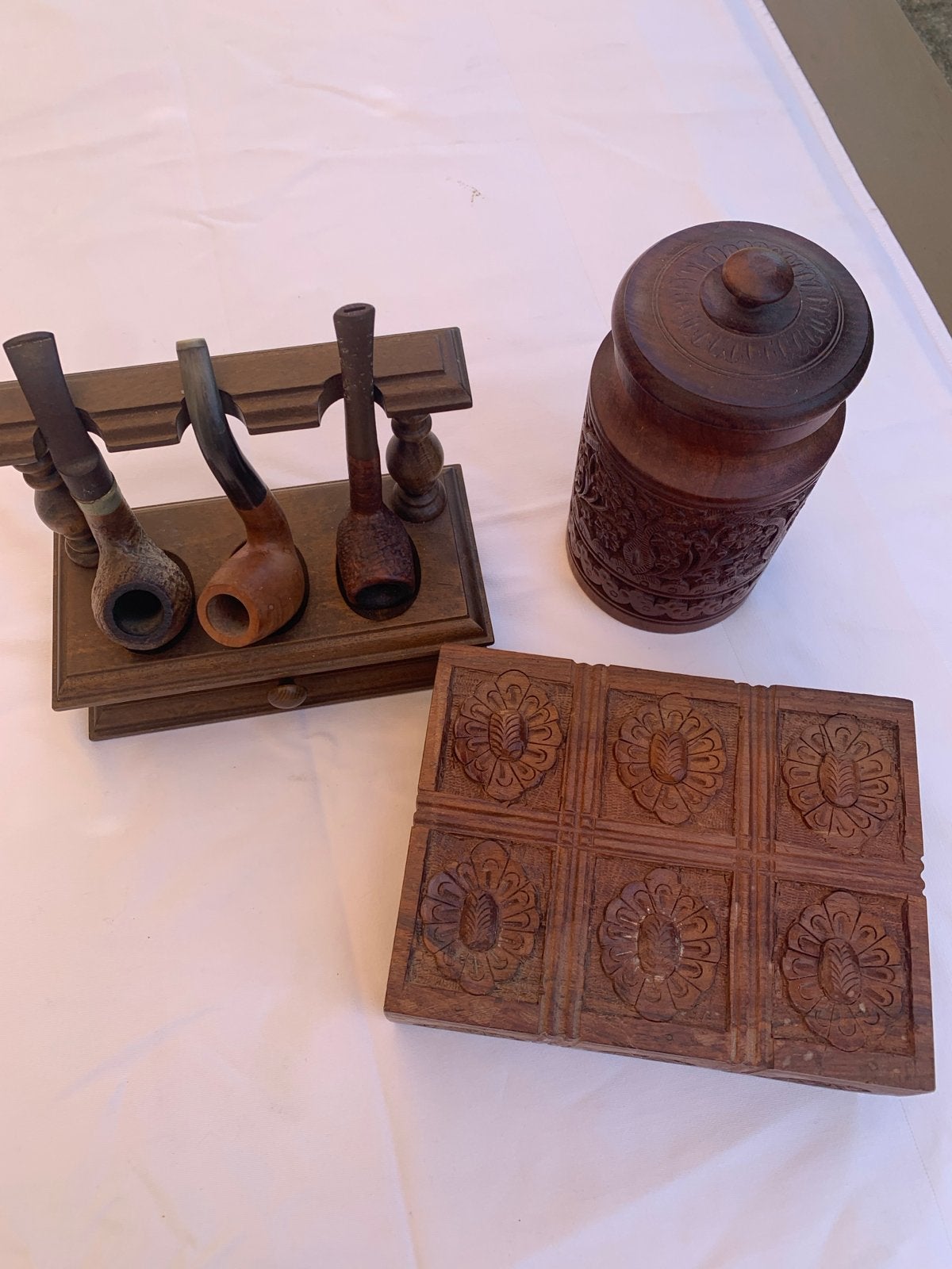 Retro tabaksset: pijpenhouder, tabaksdoos en pot, Antiek en Kunst, Ophalen of Verzenden