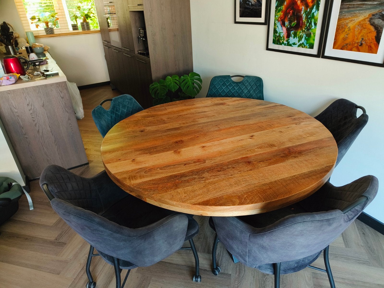 Mangohouten ronde eettafel met 6 stoelen, Huis en Inrichting, Tafels | Eettafels, Ophalen, Gebruikt, Rond, Vijf personen of meer