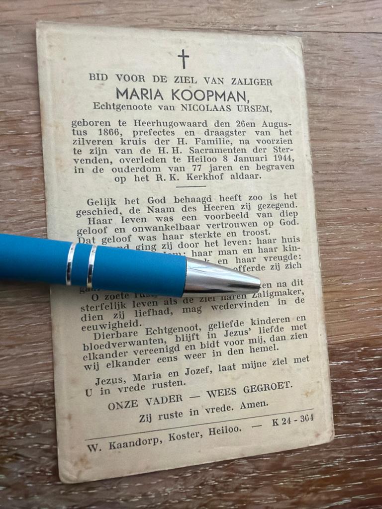 Koopman Maria 1866 Heerhugowaard 1944 Heiloo x Ursem, Ophalen of Verzenden, Bidprentje