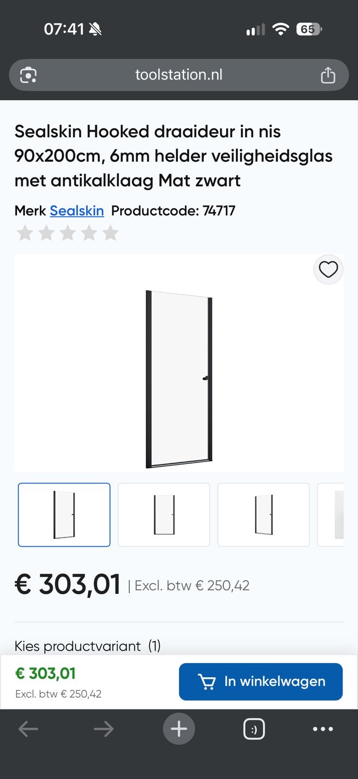 Nieuw! Sealskin Hooked Douchedeur 90x200cm, Huis en Inrichting, Ophalen, Nieuw, Met douche