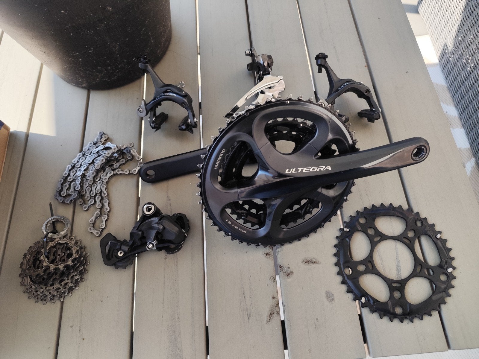 Shimano Ultegra 6703 triple schakelgroep(exc shifters), Crankstel of Pedalen, Gebruikt, Shimano Ultegra, Ophalen of Verzenden