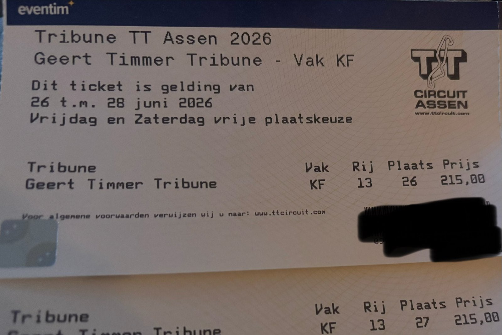 2 kaarten TT Assen GT Tribune, Twee personen, Juni