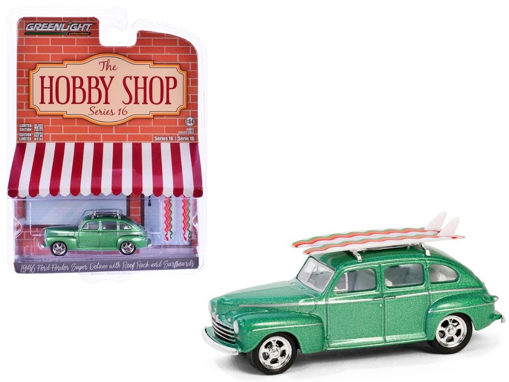 1946 Ford Fordor Super Deluxe v Greenlight 1/64 + surfplanke, Ophalen of Verzenden, Nieuw, Auto