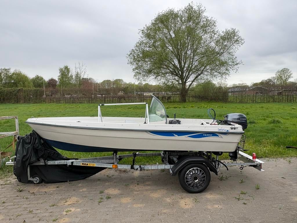 Motorboot, Terhi Sea Fun, Yamaha (9.9PK) en E-Start+ Trailer, Ophalen, Gebruikt, Tot 10 pk, Buitenboordmotor