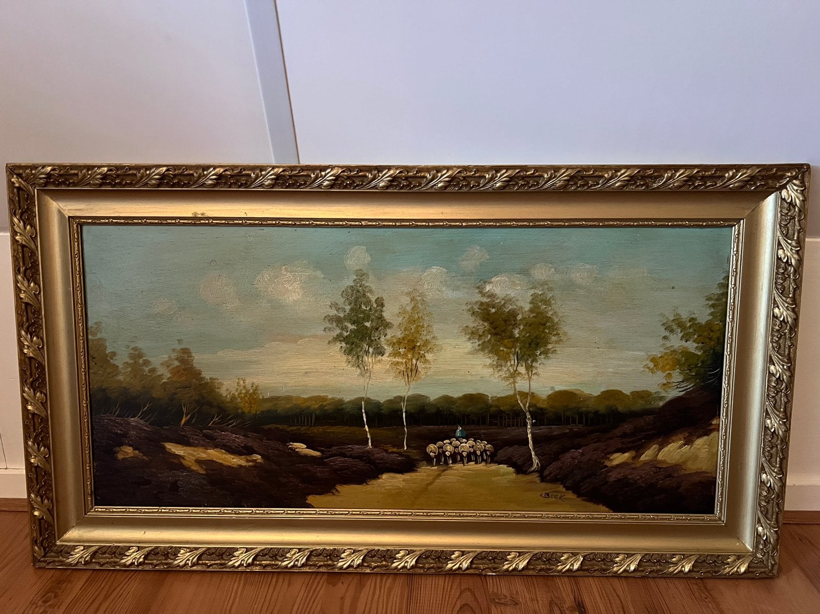 Klassiek olieverfschilderij heidelandschap J.M. Van Beek, Ophalen