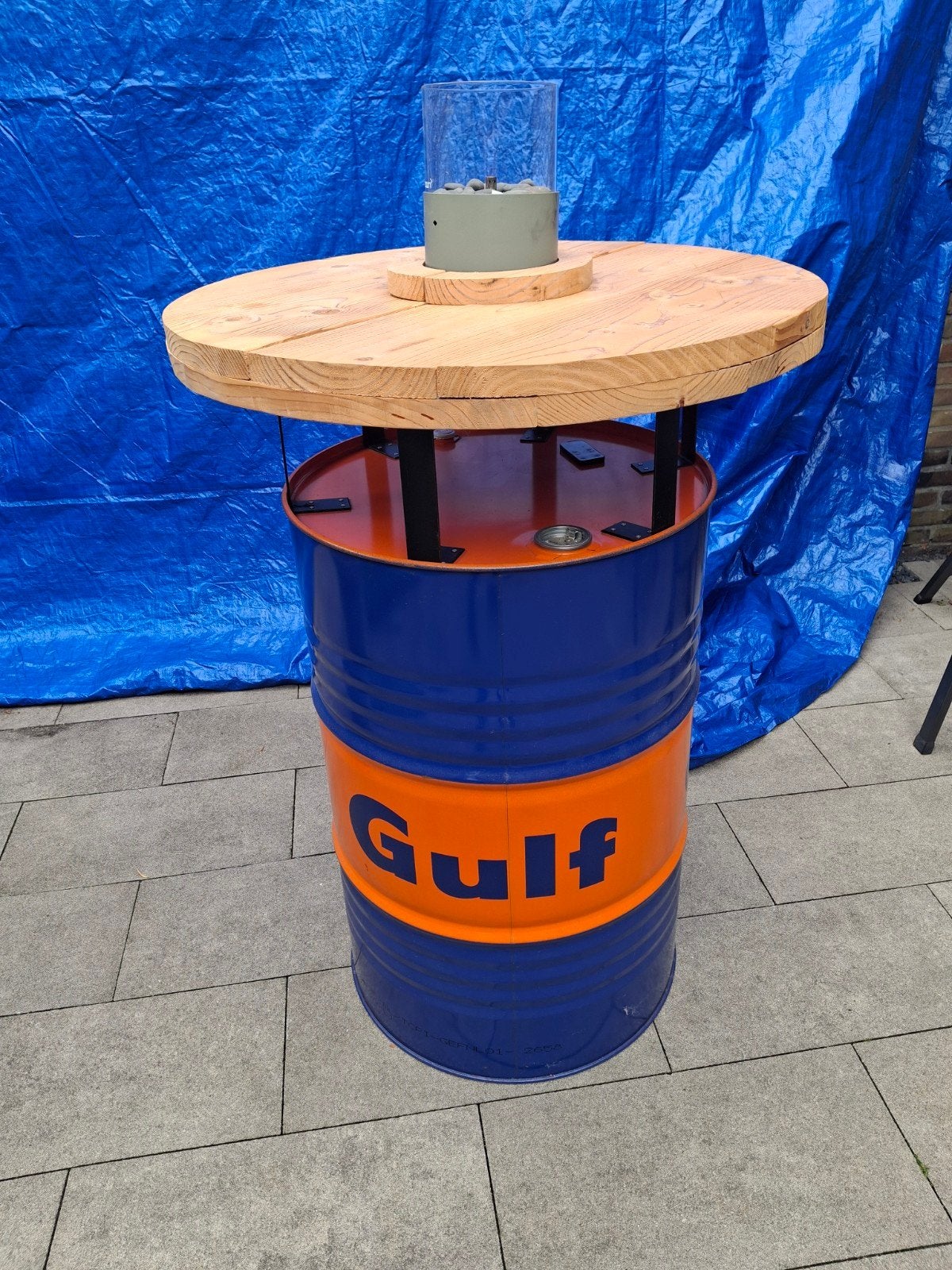 Unieke Gulf statafel met houten blad en gasbrander, Ophalen, Gebruikt