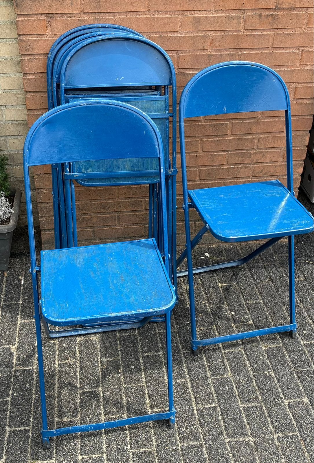 6 blauwe metalen klapstoelen, Ophalen, Gebruikt, Blauw, Metaal