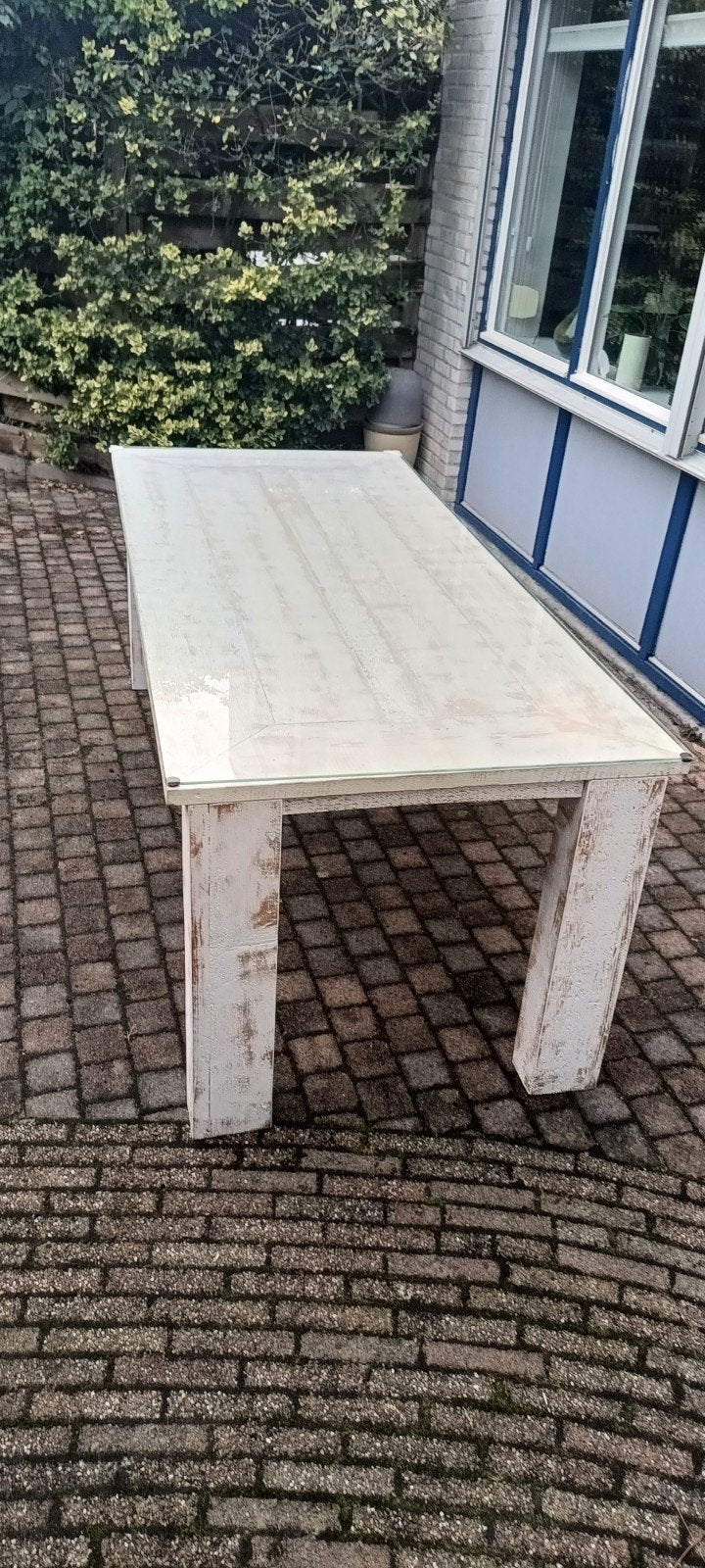 Eettafel van steigerhout.  Wit gebeitst., Huis en Inrichting, Tafels | Eettafels, Ophalen, Gebruikt, 50 tot 100 cm, 150 tot 200 cm