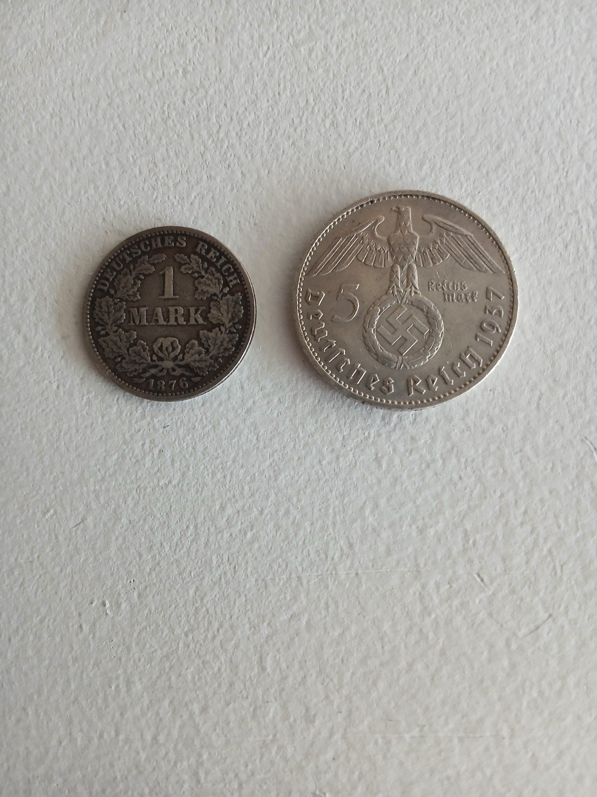 Zilveren Duitse munten: 1 Mark 1876 en 5 Reichsmark 1937, Ophalen of Verzenden