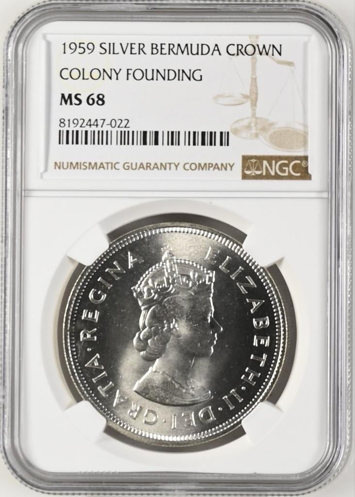 Zeldzame Zilveren Bermuda Crown 1959 - NGC MS 68 (Top Grade), Verzenden, Midden-Amerika, Losse munt, Zilver