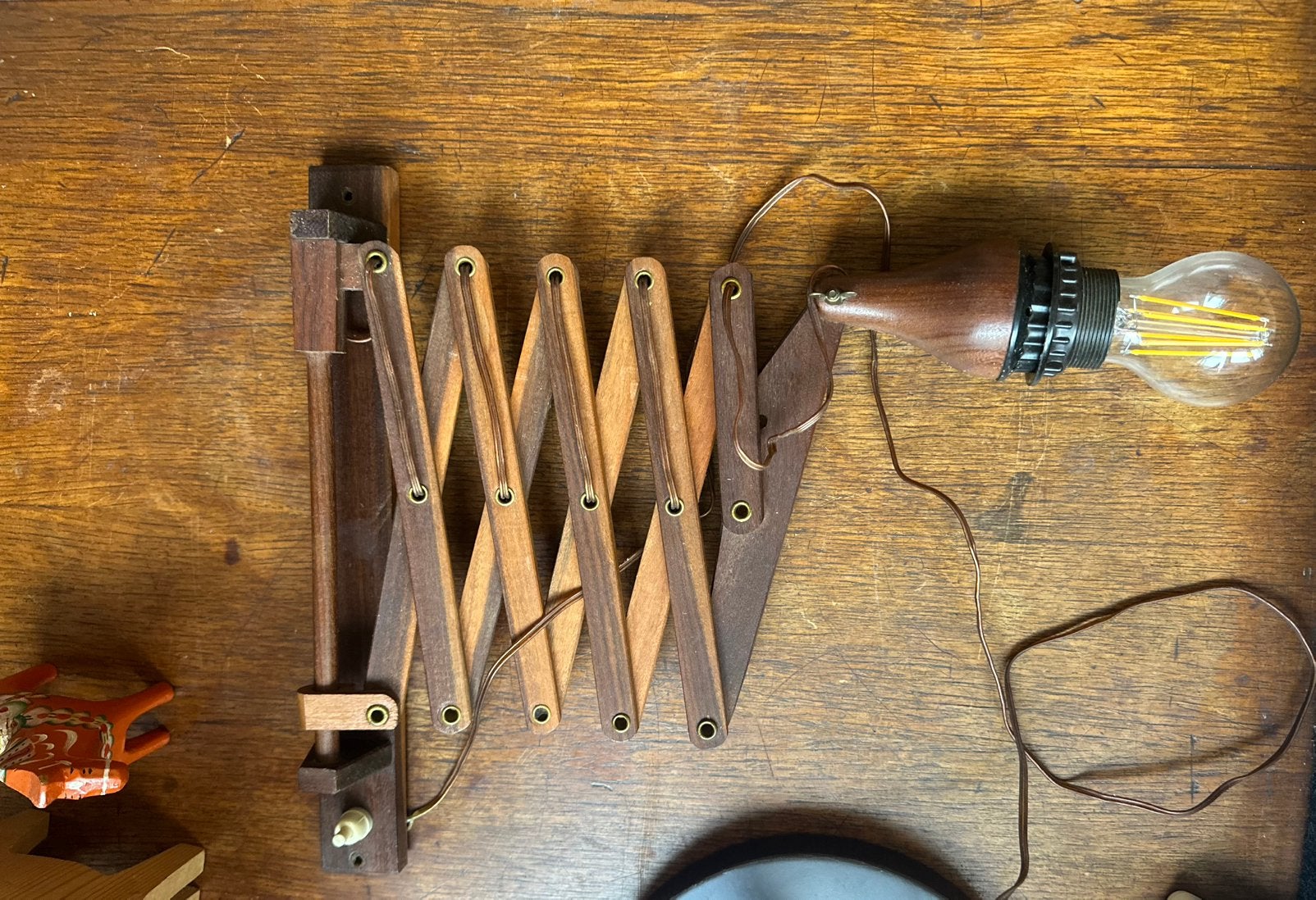 Schaarlamp harmonicalamp wandlamp Scandinavisch hout vintage, Huis en Inrichting, Ophalen of Verzenden, Zo goed als nieuw, Hout