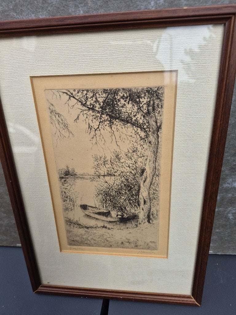 Ets van een landschap, een boom  een bootje aan de waterkant, Ophalen, Tekening, Pentekening, Ingelijst