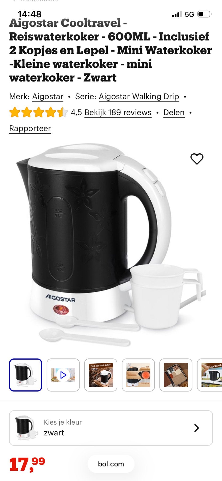 Aigostar Cooltravel Reiswaterkoker - 600ML - Zwart, Minder dan 1 liter, Ophalen of Verzenden, Nieuw