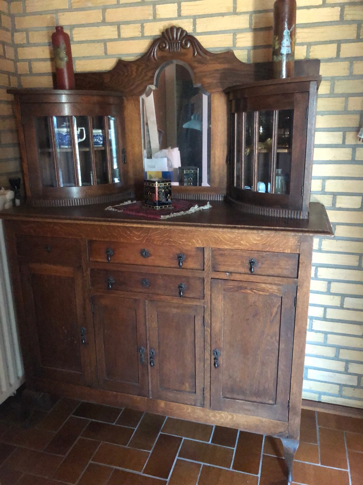 Antiek dressoir met spiegel en vitrinekasten, Antiek en Kunst, Ophalen