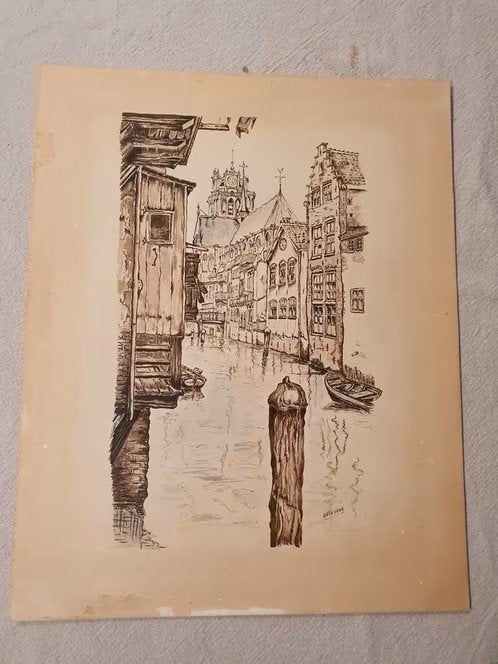 Originele pentekening oude Haven Dordrecht H. Pieters, Antiek en Kunst, Kunst | Tekeningen en Foto's, Ophalen