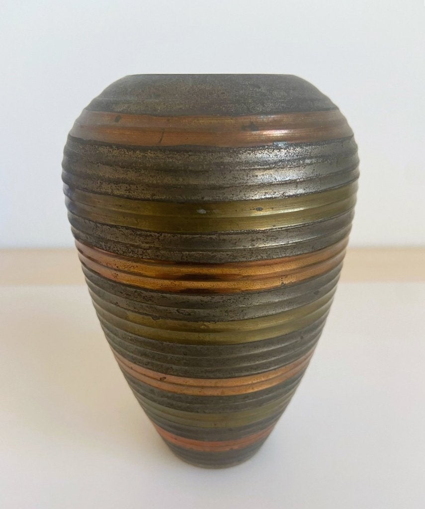 Vintage KLEIN Vaasje Geel en Rood Koper 13 cm, Ophalen of Verzenden