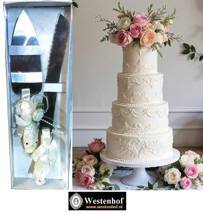 Vintage bruiloft - taart aansnijset met taart-mes - schep, Verzenden, Nieuw, Wit, Accessoires