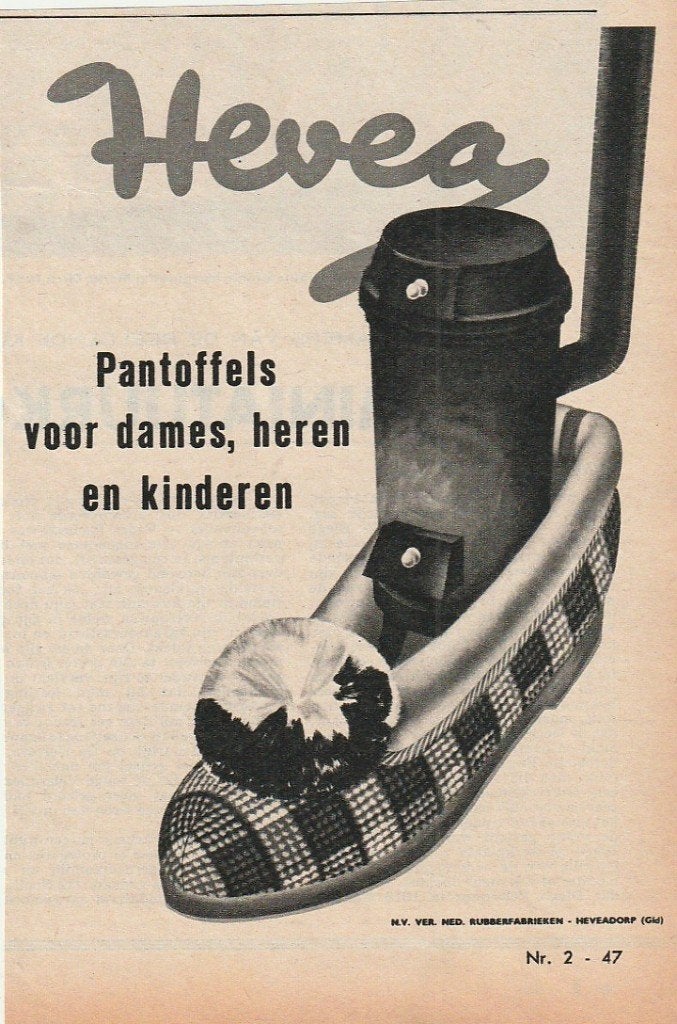 Retro reclame 1955 Hevea Heveadorp pantoffels & kachel, Verzamelen, Verzenden, Overige typen