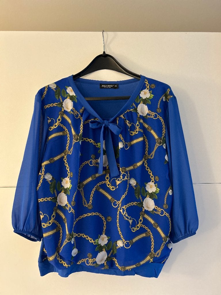 Julie Mode kobaltblauwe blouse met print, Julie Mode, Blauw, Maat 46/48 (XL) of groter, Ophalen of Verzenden