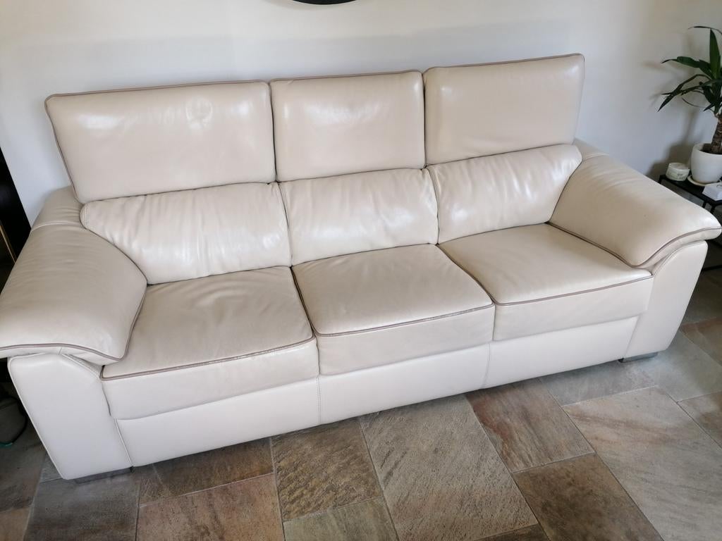 Beige leren bankstel, Ophalen, Gebruikt, 75 tot 100 cm, Vierpersoons of meer
