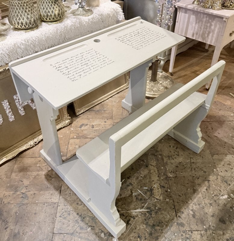 Vintage duo schoolbankje, schoolbank brocante lessenaar VdlM, Ophalen, Zo goed als nieuw, Tafel(s) en Stoel(en)