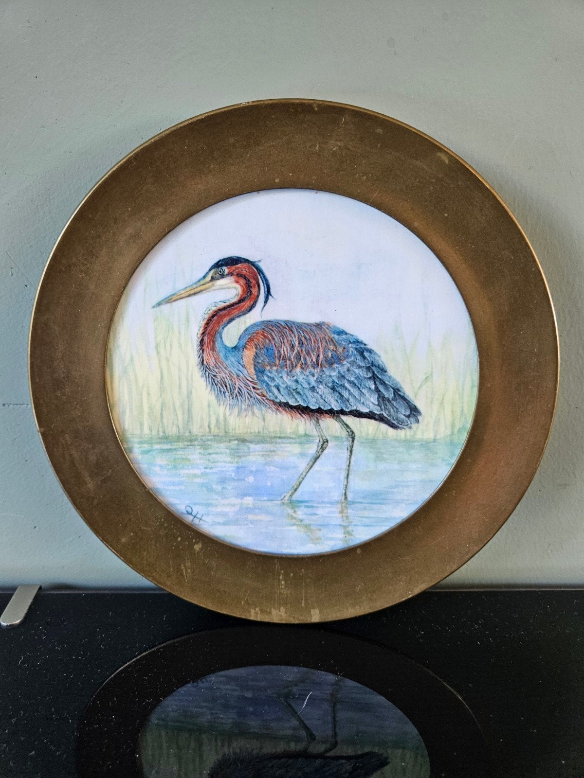 Vintage Berendson keramiek wandbord reiger - handgeschilderd, Ophalen of Verzenden