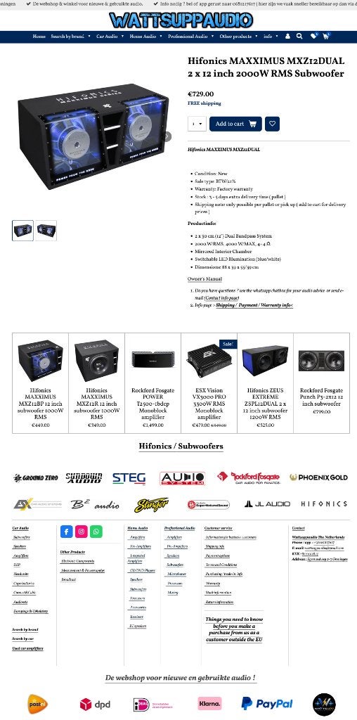 Hifonics MAXXIMUS MXZ12DUAL 2x12 inch 2000W RMS Subwoofer, Auto diversen, Autospeakers, Audio Design, Nieuw, Am Breilingsweg 3, 76709 Kronau, Duitsland