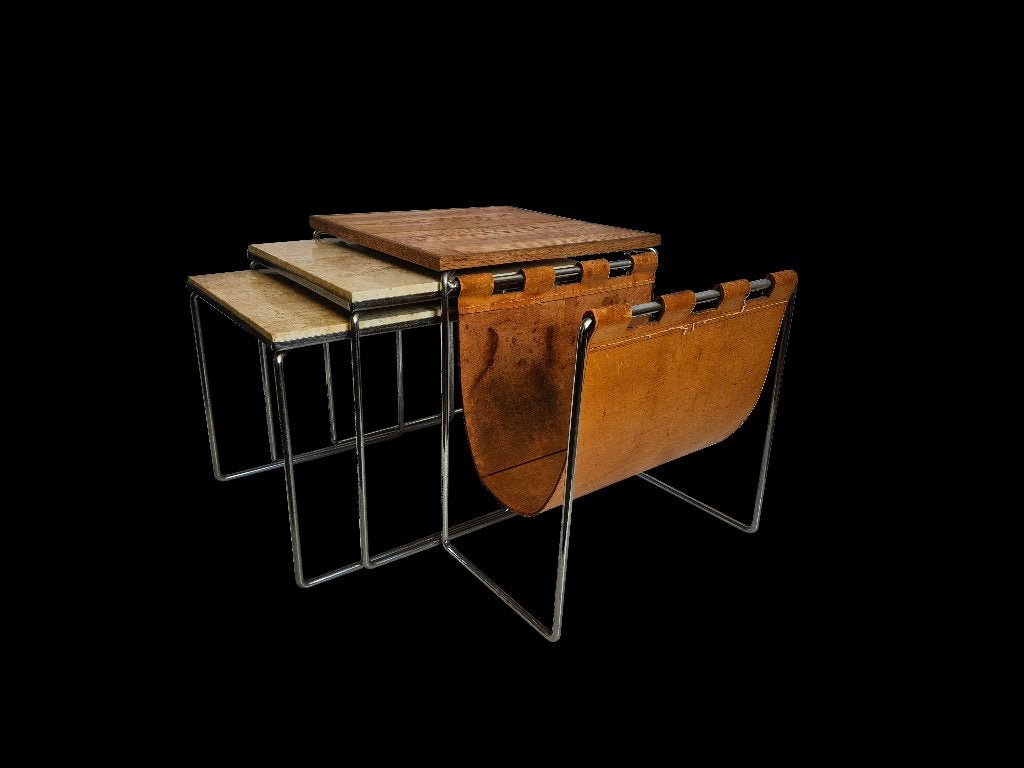 Geweldige vintage Brabantia lectuurtafel met tuigleren mand, Huis en Inrichting, Ophalen of Verzenden, Gebruikt, Leer