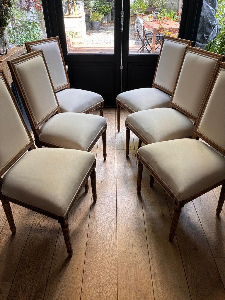 6 OKA Eetkamerstoelen - Eiken Frame (Vertoont vlekken), Huis en Inrichting, Ophalen, Gebruikt, Bruin, Klassiek