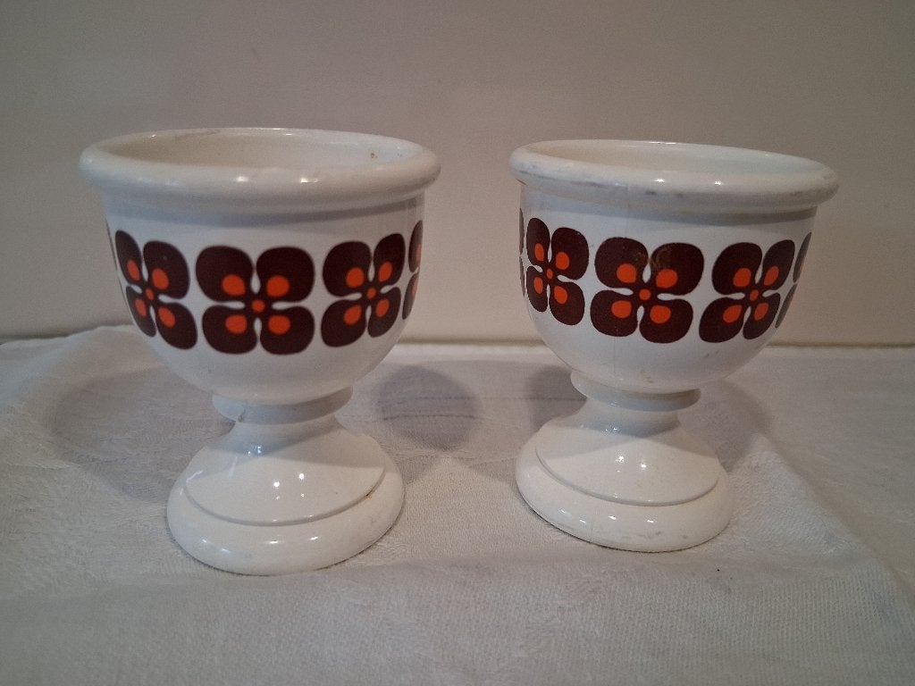 Vintage EMSA eierdopjes wit met bruin oranje klaverblad, Ophalen of Verzenden, Huis en Inrichting