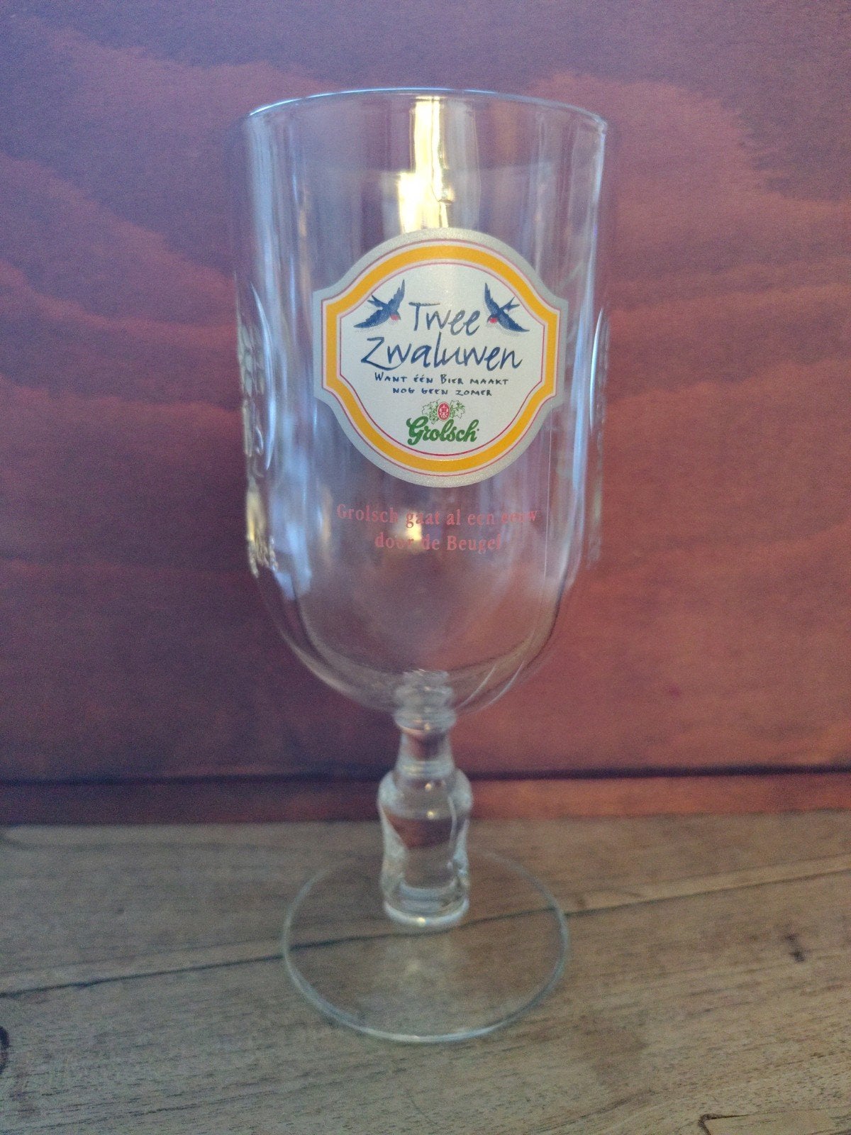 Grolsch 'Twee Zwaluwen' bierglas op voet, Ophalen of Verzenden, Zo goed als nieuw, Glas of Glazen, Grolsch