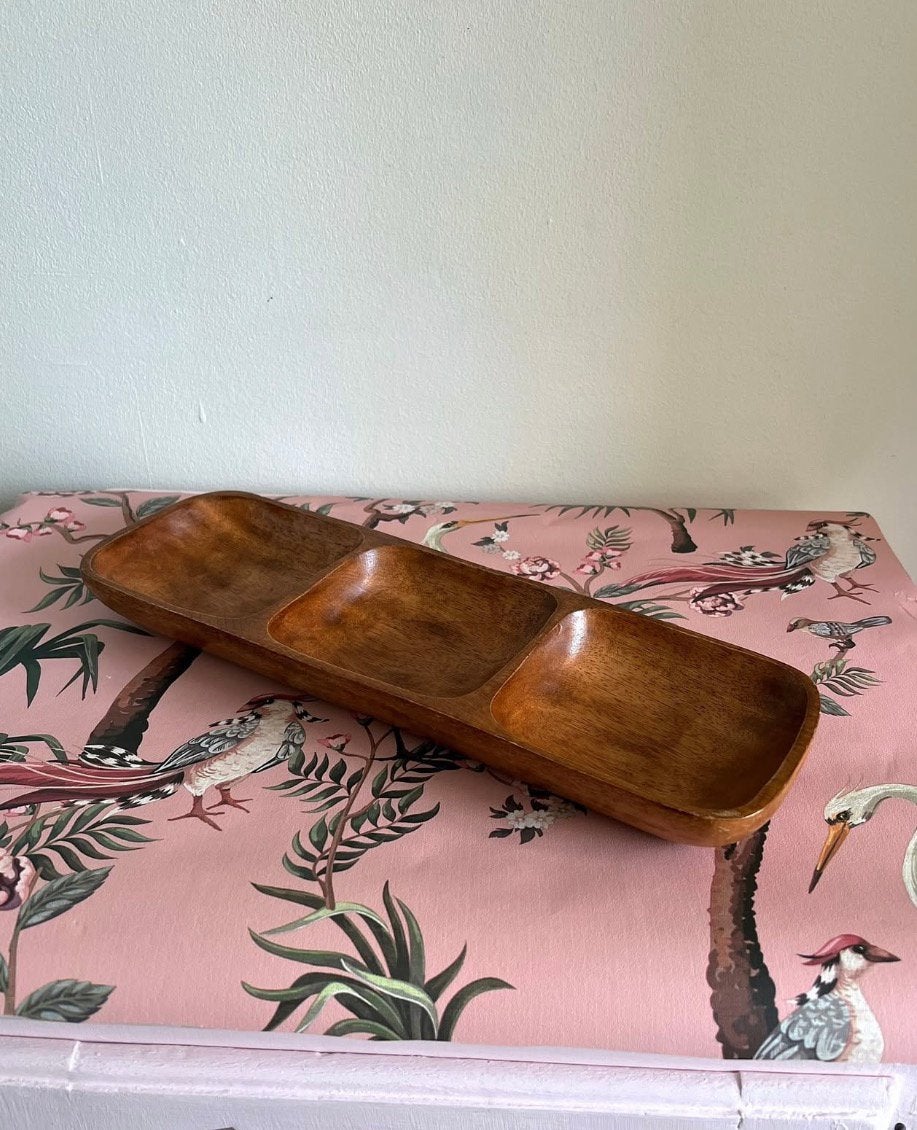 Vintage houten hapjesschaal / serveerschaal met 3 vakken, Vintage, Overige materialen, Gebruikt, Vintage