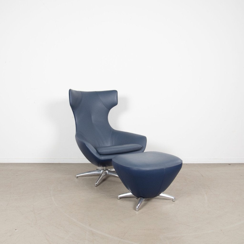 Leolux Caruzzo Fauteuil Donkerblauw Leer + Hocker, Niet ingevuld, Zo goed als nieuw, Niet ingevuld, Niet ingevuld