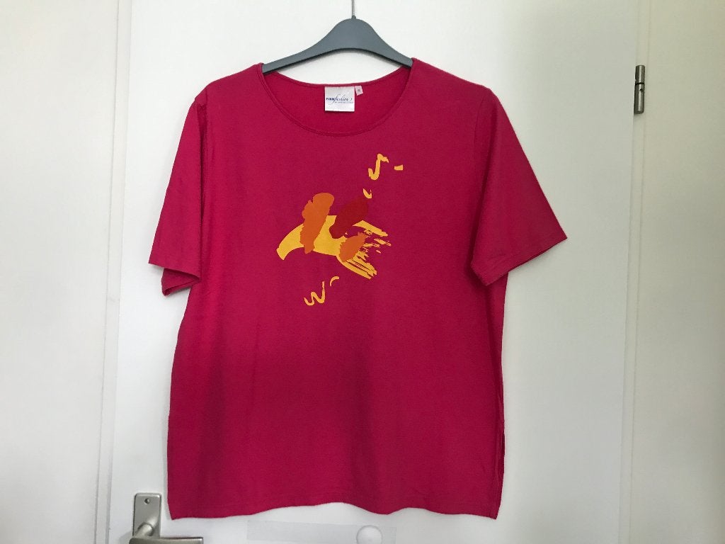 Finn Fashion t shirt roze fuchsia met print maat L katoen, Verzenden, Zo goed als nieuw, Roze, Korte mouw