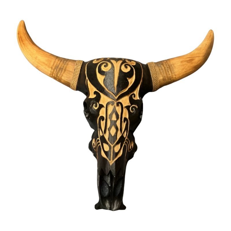 Prachtige Handgesneden Houten Bull Skull – Zwart & Naturel, Ophalen, Nieuw, Dier