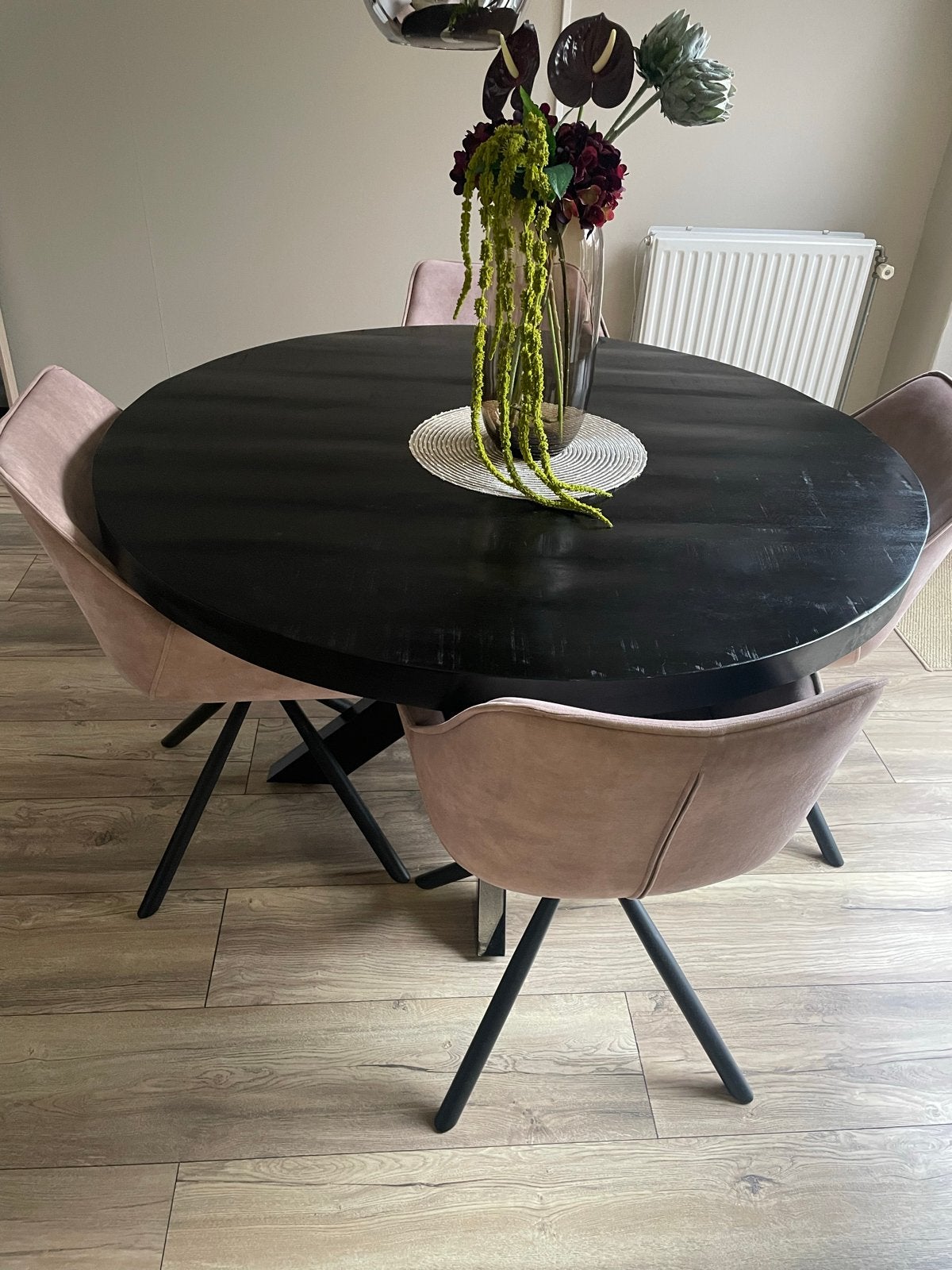 Ronde eettafel met spinpoot en 4 stoelen, Ophalen, Gebruikt, 100 tot 150 cm, Rond
