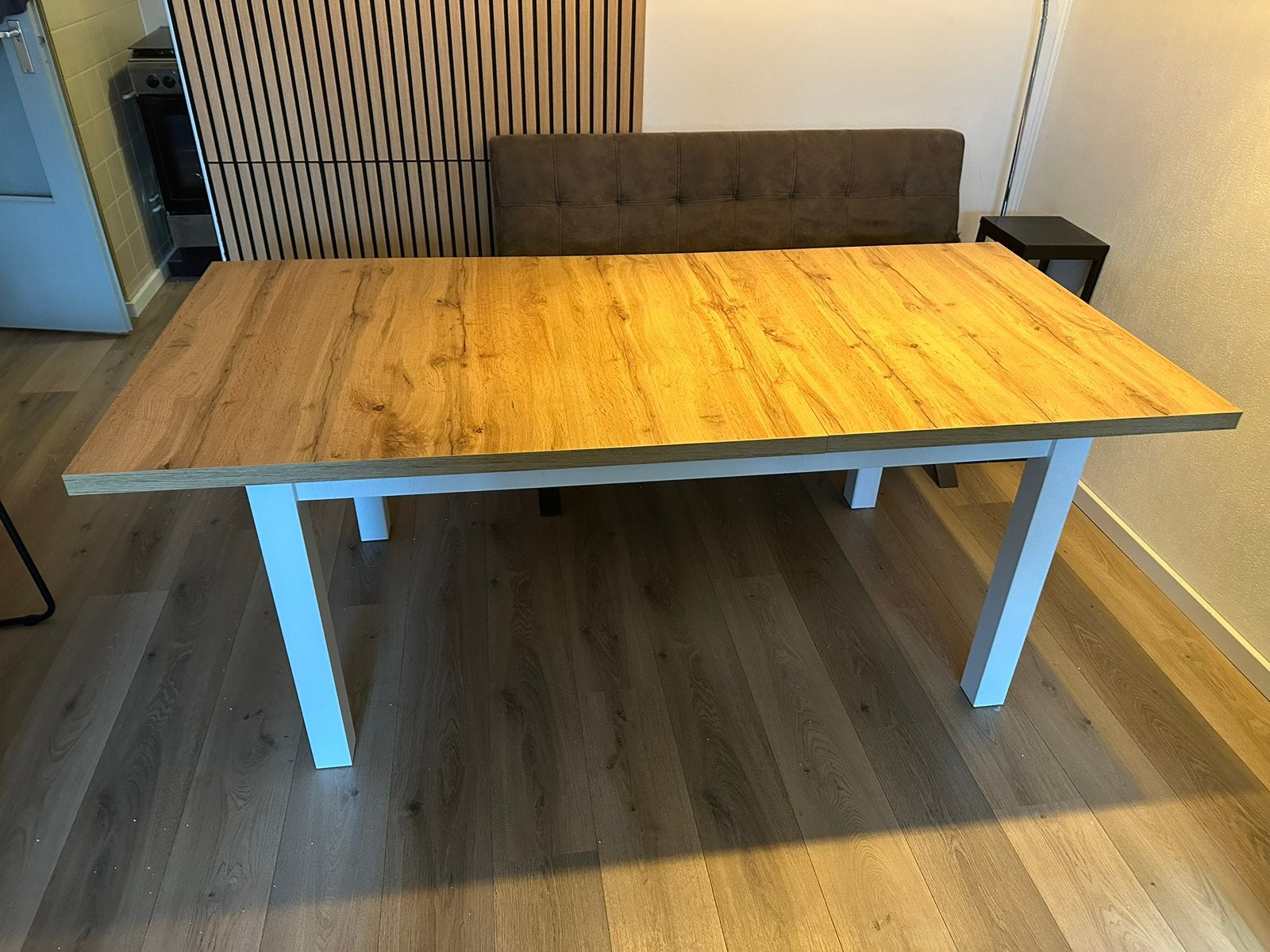 Eettafel wit/eiken melamine (uitklapbaar), Ophalen, Eikenhout, 50 tot 100 cm, Zo goed als nieuw