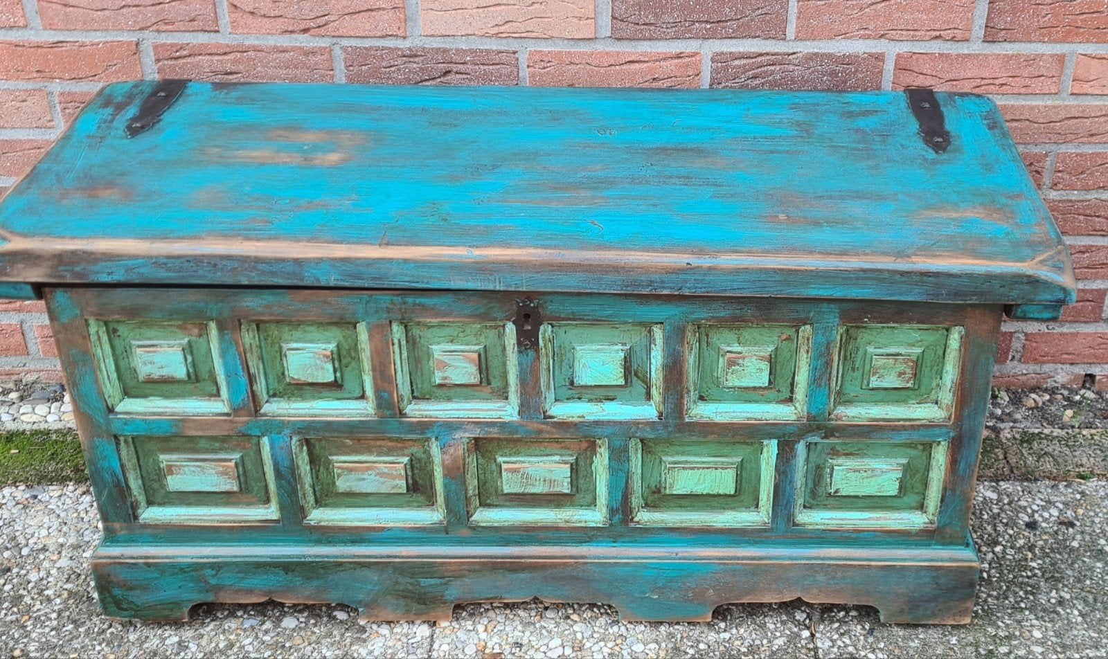 Oude Spaanse dekenkist bruidskist vintage India Ibiza stijl, Ophalen, Minder dan 50 cm, 50 tot 100 cm, Eikenhout