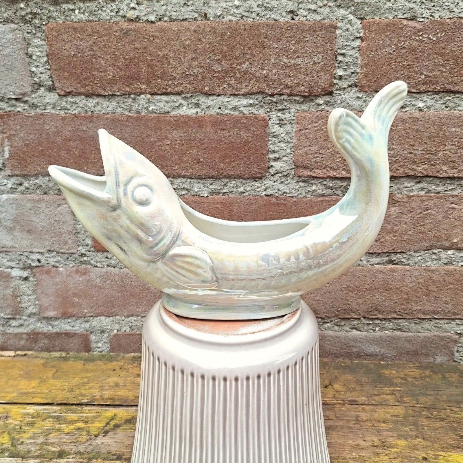 Vintage keramische vissen sauskom/bloempotje, Antiek en Kunst, Antiek | Vazen, Ophalen of Verzenden