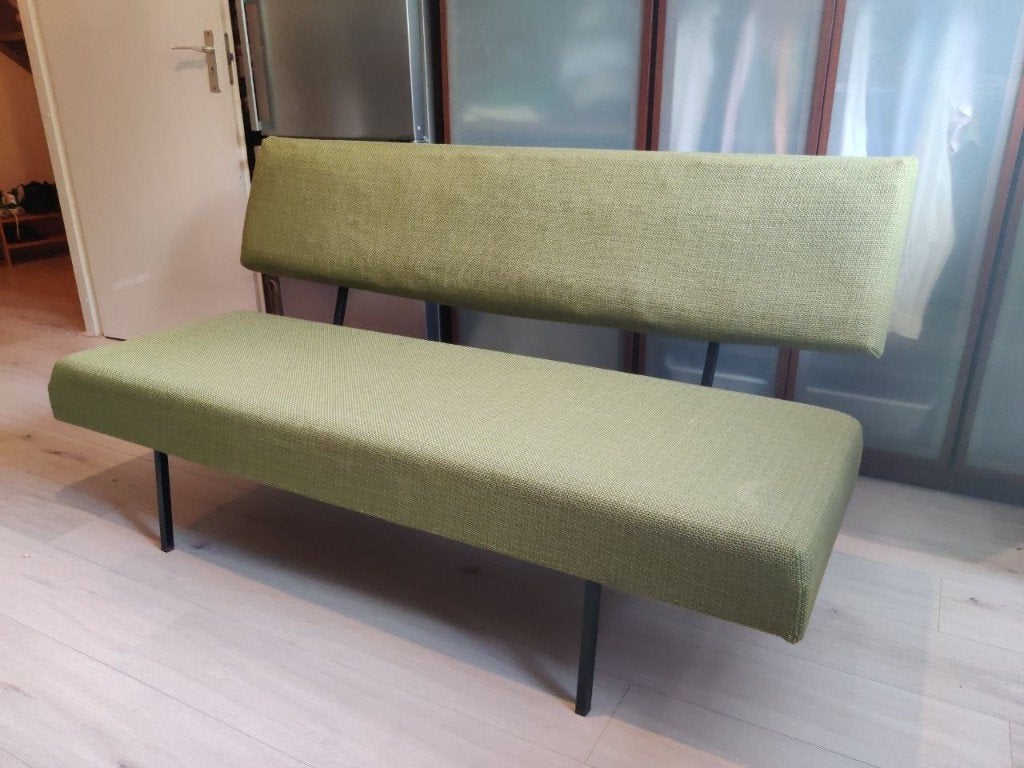 Martin Visser bank, jaren 60/70, olijfgroen, Ophalen, Gebruikt, 150 tot 200 cm, Tweepersoons