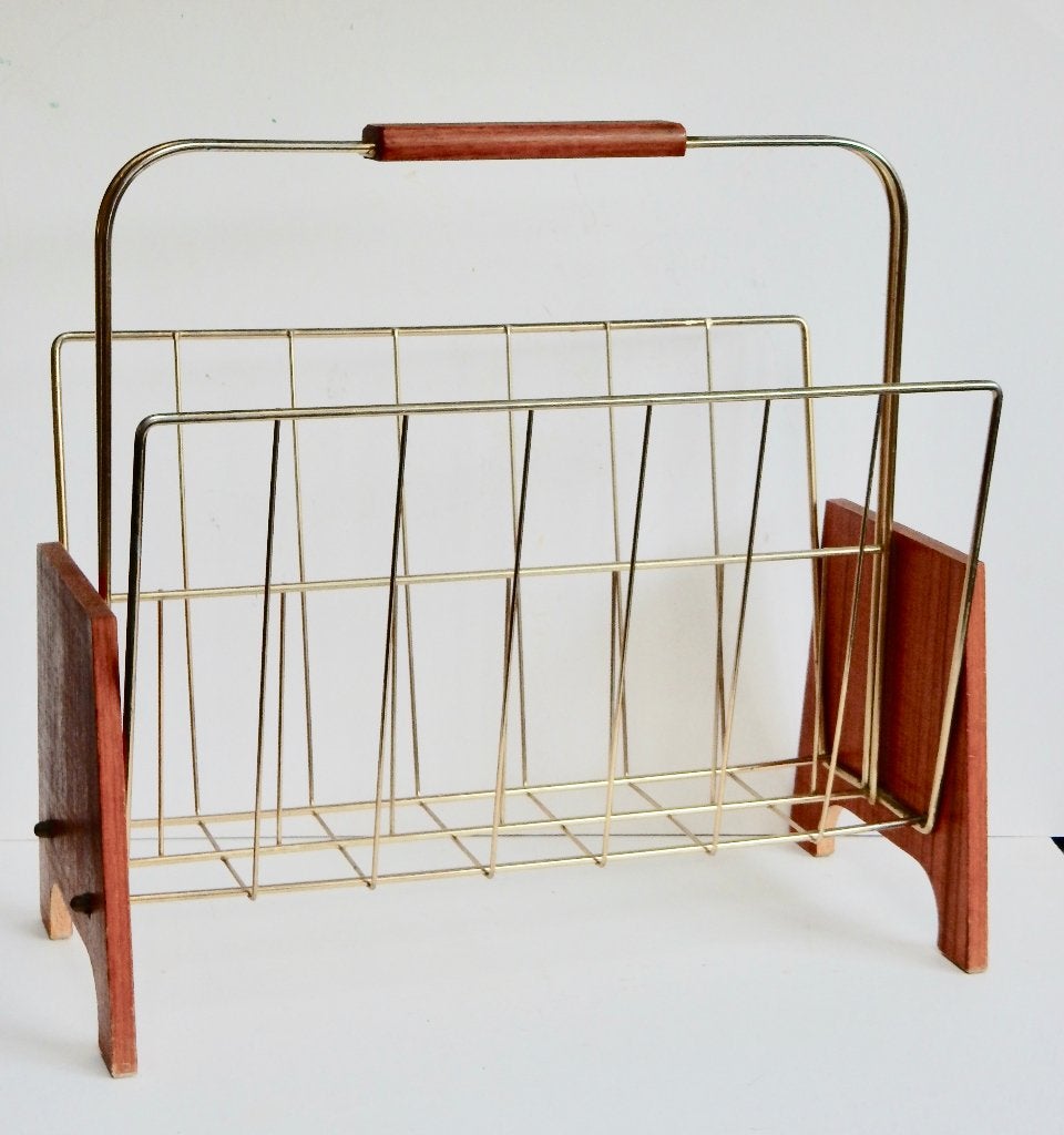 Vintage Tijdschriftenrek Teak Hout en Messing Mid-Century, Ophalen of Verzenden