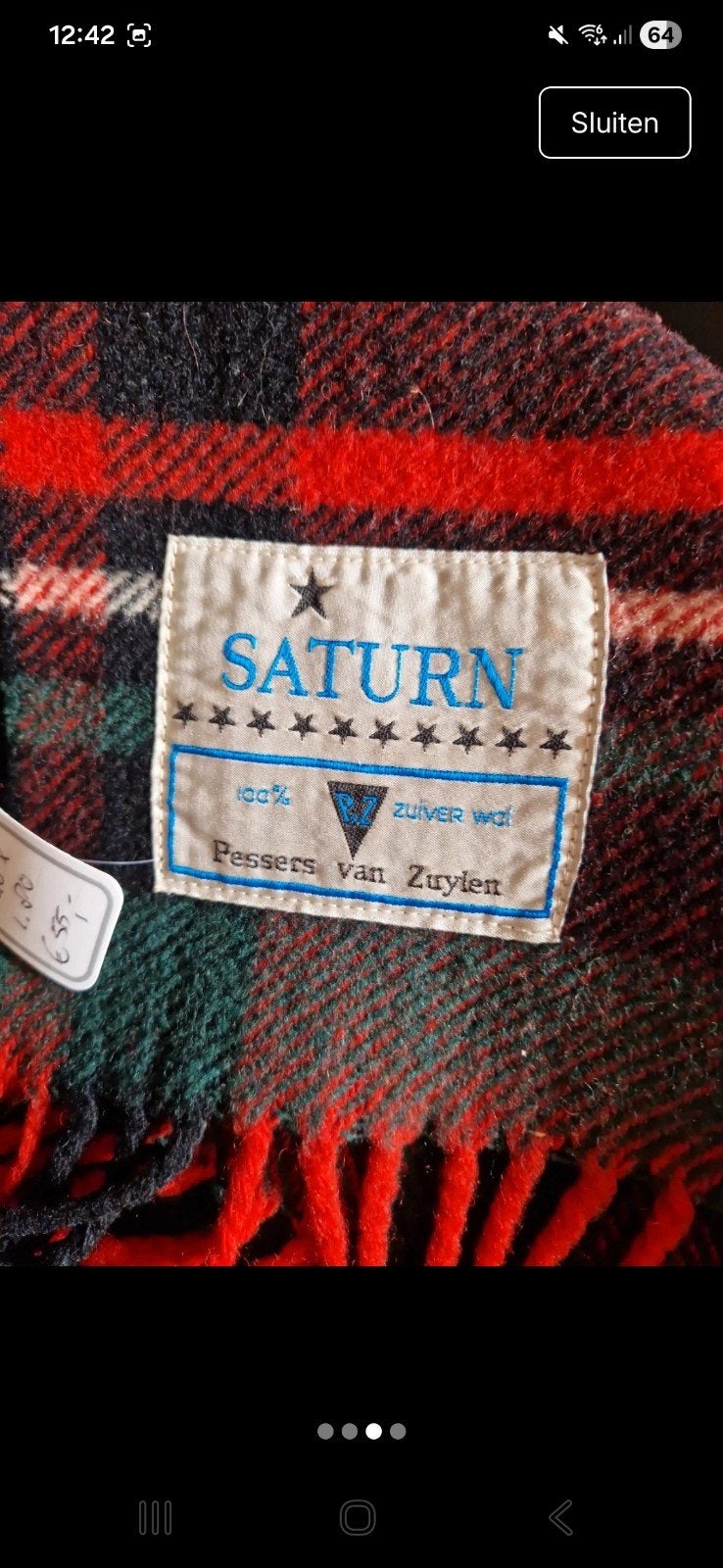 Vintage Saturn 100% Zuiver Wollen deken- Rood/Groen Geruit, Antiek en Kunst, Ophalen of Verzenden