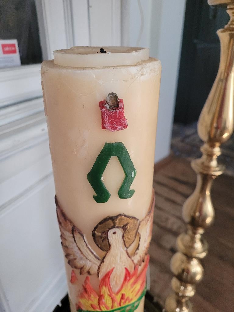 Antieke massief koperen kerkkandelaar met kaars, Ophalen of Verzenden, Koper of Brons